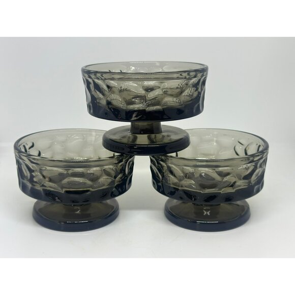VTG Fostoria Pebble Beach Black Pearl Glass Sherbet Dish Set Footed MCM Retro 3 - Picture 2 of 8